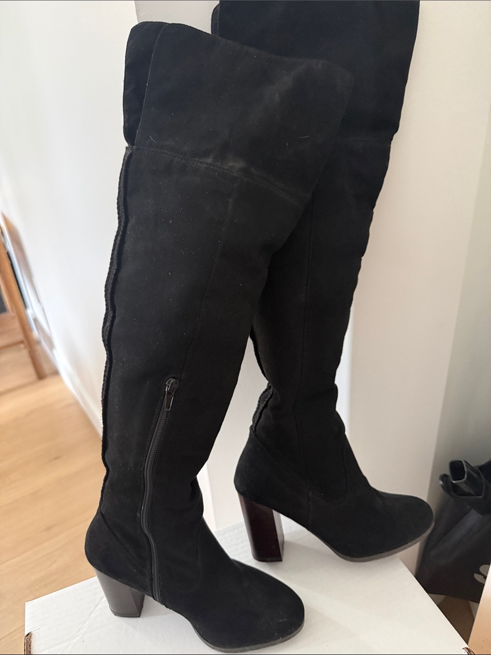 Black Over-the-Knee Suede Boot with Block Heel